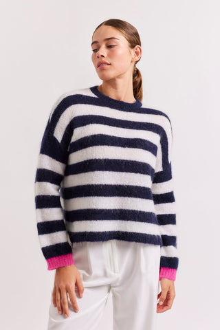 Alessandra Cashmere Sweater Tabby Stripe Mohair Sweater in Navy